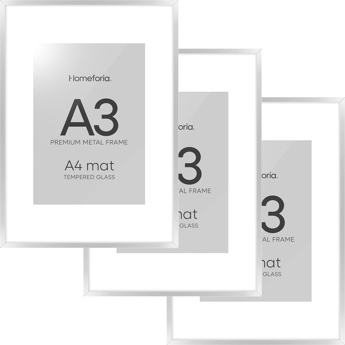 Homeforia A3 Picture Frame Silver, High End Metal 11.7 x 16.5 inch Poster Frames with Mat 8.3 by 11.7 for Photo, A3 Size Frames Matted to A4 Art, 11.7x16.5 Wall Hanging Frame, Tempered Glass, Set of 3