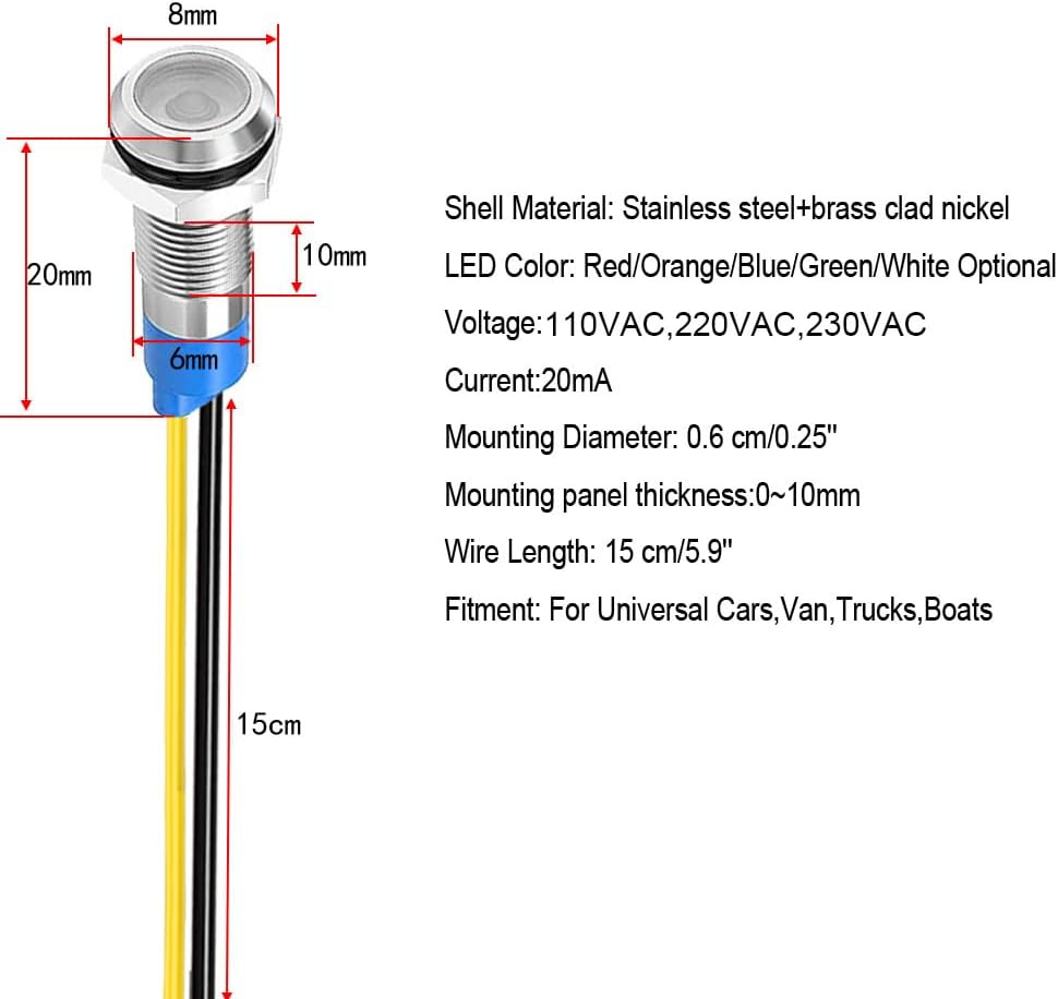 10pcs 6mm LED Metal Indicator Light 110V-220VAC Waterproof Signal Lamp (White)
