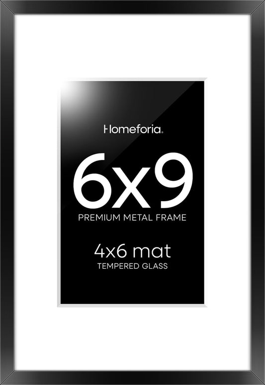 Homeforia 6x9 Picture Frame Black, High End Metal 6 x 9 Black Frames with Mat 4 x 6 for Art, 9x6 Desk Frame Matted to 4x6 inch Photo, 6 by 9 Wall or Tabletop Frames, Tempered Glass, Wall Kit, Set of 1