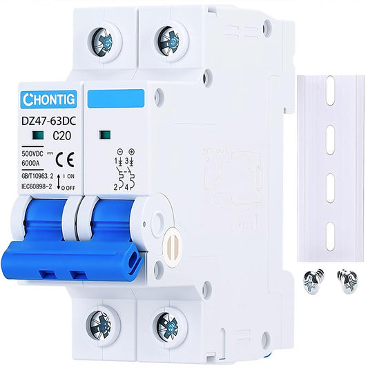 20 Amp Miniature DC Circuit Breaker 500V 2 Pole, Solar PV Disconnect Switch with Thermal Magnetic Trip, DIN Rail Mount Isolator C20