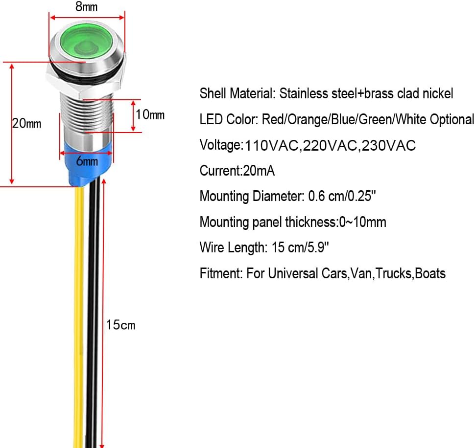10pcs 6mm LED Metal Indicator Light 110V-220VAC Waterproof Signal Lamp (Green)