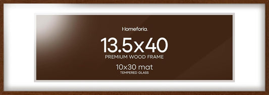 Homeforia 13.5x40 Picture Frame Brown, High End Dark Oak 13.5by40 Walnut Wood Poster Frame with Mat 10x30, 13.5 x 40 Panoramic Wooden Frames Matted to 10 x 30 Print, Tempered Glass, Wall Kit, Set of 1
