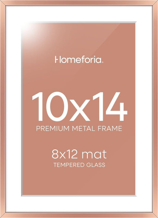 Homeforia 10x14 Picture Frame Rose Gold, High End Metal 10x14 Wall Hanging Frame with Mat 8x12, 10 x 14 Poster Frame Matted to 8 x 12 inch Photo, 10by14 Thin Frames, Tempered Glass, Wall Kit, Set of 1