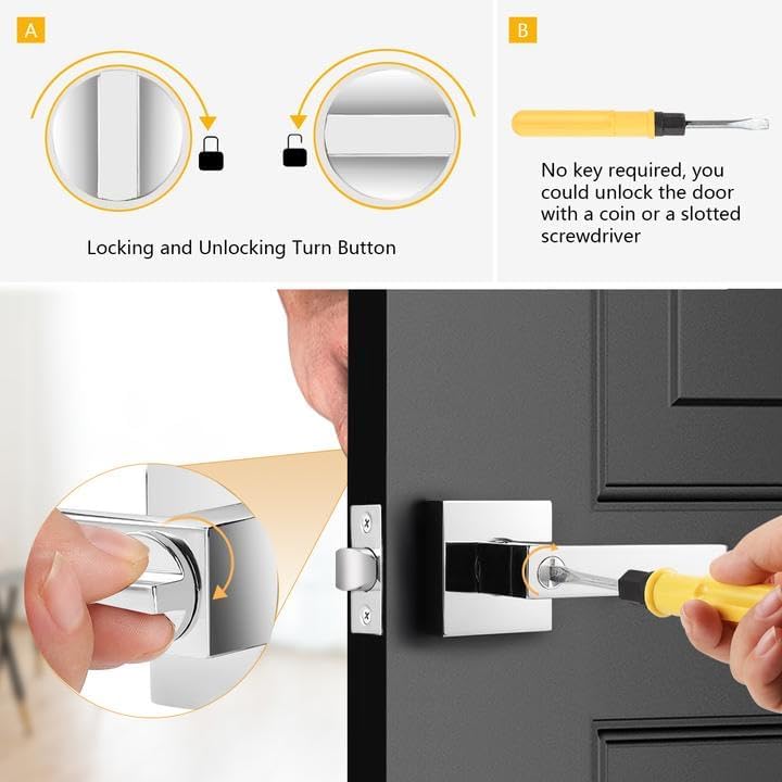 Probrico 2 Pack Privacy Lever Door Handles Square Locking Leverset [for Bedroom or Bathroom] Reversible for Right & Left Sided Doors Heavy Duty - Polished Chrome