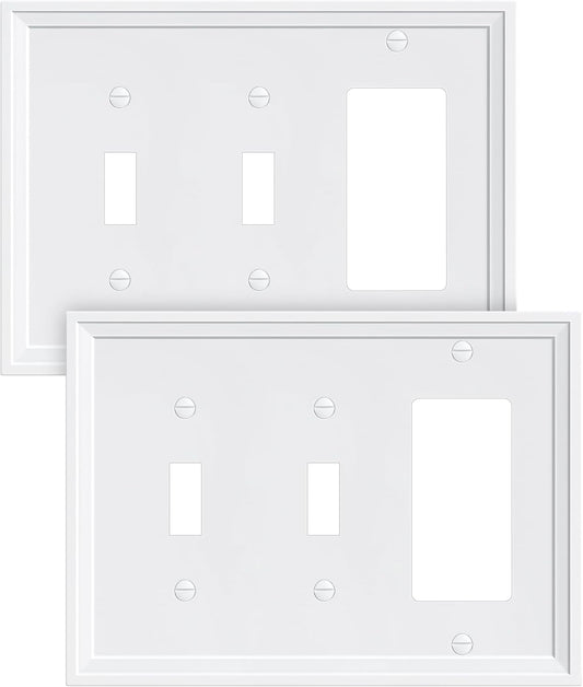 2-Pack Combo Decorator/Double Toggle Light Switch Cover Plate, Pure White Modern Decorative Electrical Outlet Covers, Bamboo Fiber Wall Switch Plates and Outlet Covers