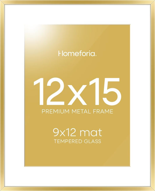 Homeforia 12x15 Picture Frame Gold, High End Metal 12x15 Poster Frames with Mat 9x12 for Photo, 12 x 15 Gold Frame Matted to 9 by 12 Print, 15x12 Thin Hanging Frame, Tempered Glass, Wall Kit, Set of 1