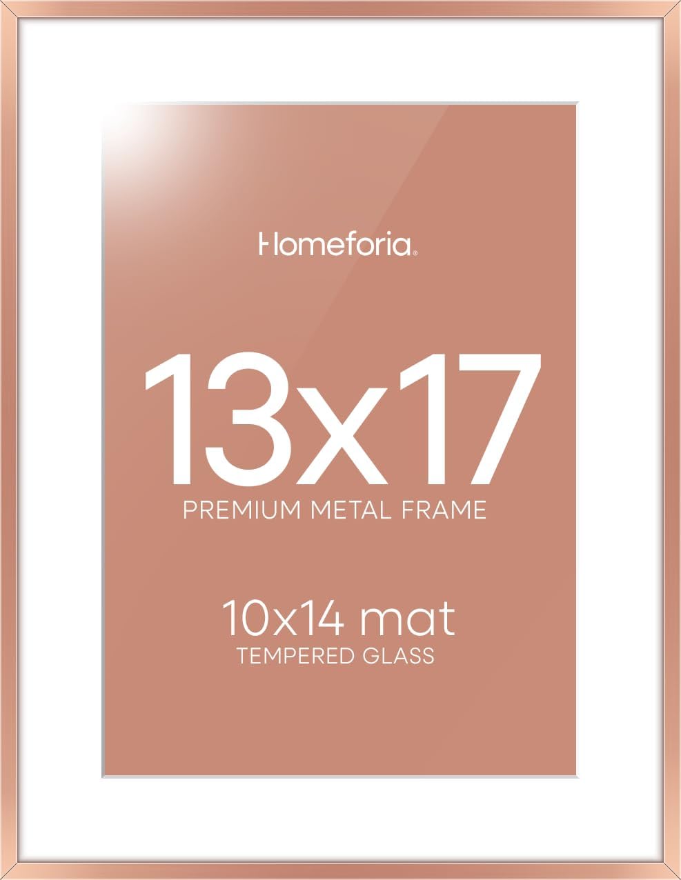 Homeforia 13x17 Picture Frame Rose Gold, High End Metal 13x17 Poster Frames with Mat 10x14 Photo, 13 x 17 Rose Gold Frame Matted to 10 by 14 Print, 17x13 Thin Frame, Tempered Glass, Wall Kit, Set of 1