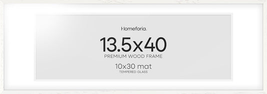 Homeforia 13.5x40 White Wood Picture Frame, High End Oak 13.5x40 Panoramic Poster Frames with Mat 10x30 Art, 13.5 x 40 Wooden Frame Matted to 10 x 30, 40x13.5 Frame, Tempered Glass, Wall Kit, Set of 1