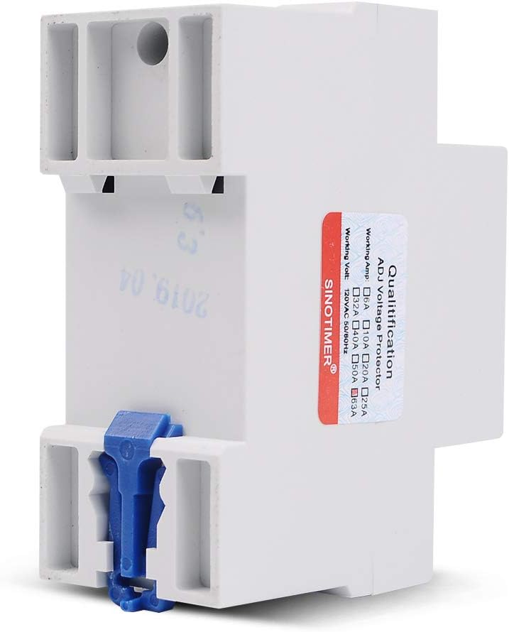110VAC 120VAC 63A Over/Under Voltage Protection Device Voltage Current Protector, 2 Red LED Displays, Single Phase Low Voltage Monitor, Din Rail Installation in DB Home Usage