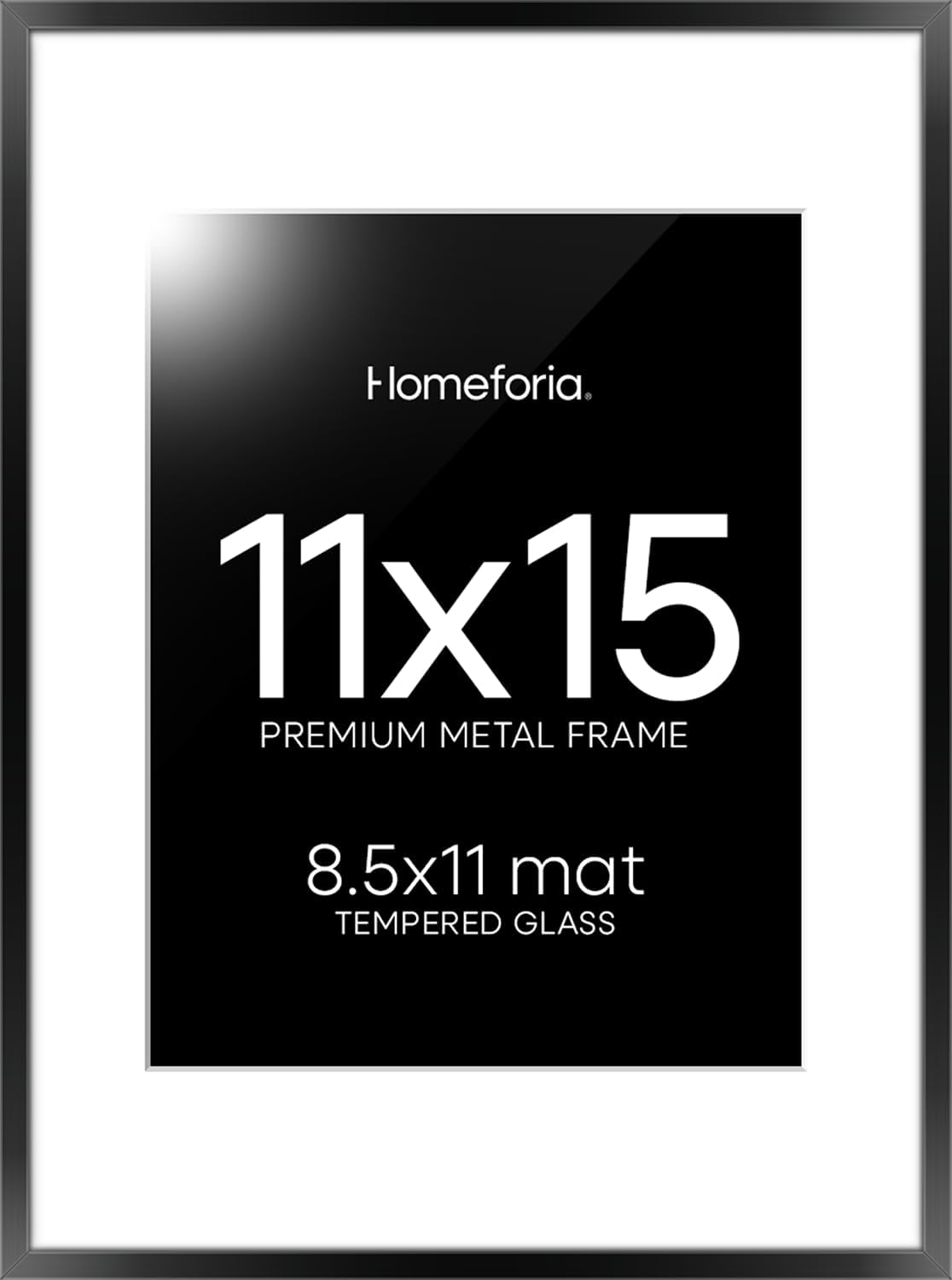 Homeforia Black 11x15 Picture Frame, High End Metal 11x15 Poster Frames with Mat 8.5x11, 11 x 15 Black Frames Matted to 8.5 x 11 inch Photo, 11 by 15 Hanging Frames, Tempered Glass, Wall Kit, Set of 1