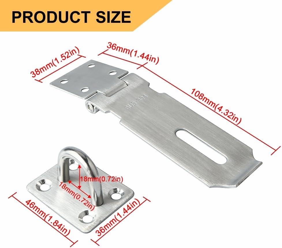 Alise Door Locks Hasp Latch,4 Inch SUS 304 Stainless Steel Safety Packlock Clasp Hasp Lock Latch with Fixing Screw for External Doors Window Cabinet Pet Cage Brushed Nickel MS9