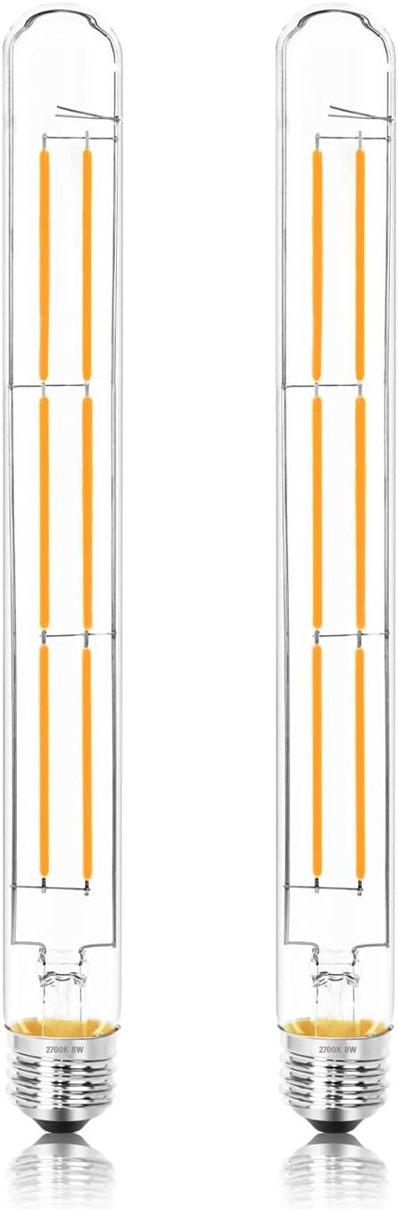 11.8IN 1000LM 2700K Soft White Light Bulbs E26 Base, T10 T9 Edison Bulbs Dimmable 8W, AC 120V 100 Watt Equal Filament Bulb, Vintage Clear Glass Long Tubular LED Bulb, UL Listed - 2Pack