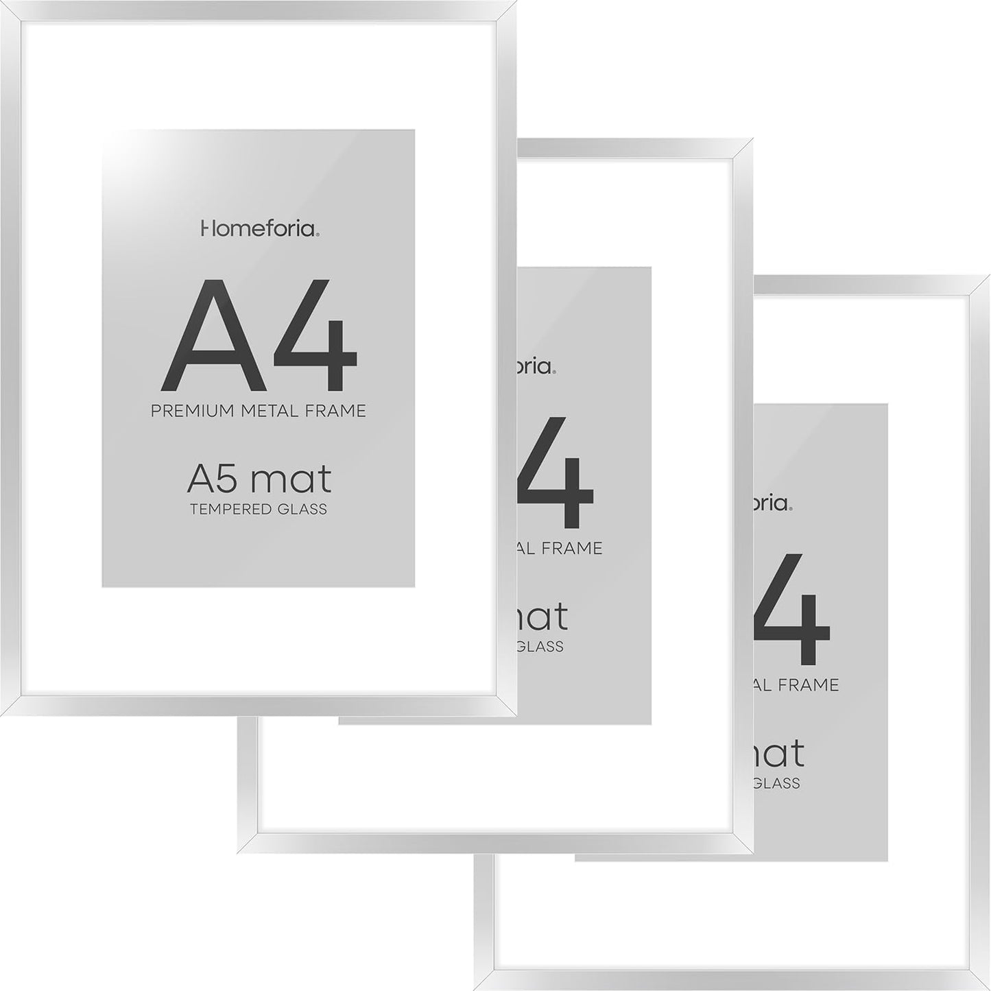 Homeforia A4 Picture Frame Silver, High End Metal 8.3 x 11.7 inch Silver Poster Frames with Mat 5.8 by 8.3 Art, A4 Frame Matted to A5 Photo, 8.3x11.7 Wall or Tabletop Frames, Tempered Glass, Set of 3