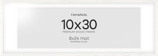 Homeforia 10x30 White Picture Frame, High End Oak 10x30 Wood Poster Frames with Mat 8x24 Print, 10 x 30 White Wooden Frames Matted to 8 by 24, 30x10 Panoramic Frame, Tempered Glass, Wall Kit, Set of 1