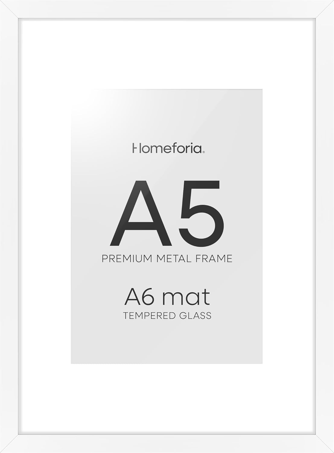 Homeforia A5 Picture Frame White, High End Metal 5.8x8.3 Frames Matted to 4.1x5.8 Print, A5 Photo Frame with Mat A6, 5.8 x 8.3 Poster Frame, 8.3x5.8 Display Frames, Tempered Glass, Wall Kit, Set of 1