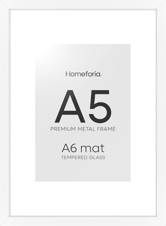 Homeforia A5 Picture Frame White, High End Metal 5.8x8.3 Frames Matted to 4.1x5.8 Print, A5 Photo Frame with Mat A6, 5.8 x 8.3 Poster Frame, 8.3x5.8 Display Frames, Tempered Glass, Wall Kit, Set of 1