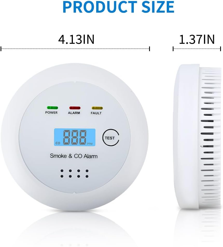 2 in1 Smoke Detector Carbon Monoxide Detector Combo,with LCD Digital Display and Sound Warning Test Button，Battery Powered，Easy Installation, for Home, Bedroom, Kitchen (3PACKS)