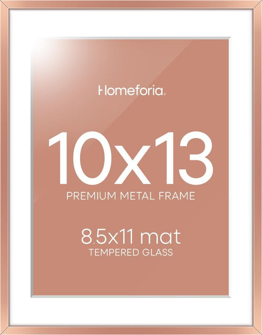 Homeforia 10x13 Picture Frame Rose Gold, High End Metal 10x13 Wall Hanging Frame with Mat 8.5x11, 10 x 13 Poster Frames Matted to 8.5 x 11 inch Photo, 10by13 Frames, Tempered Glass, Wall Kit, Set of 1