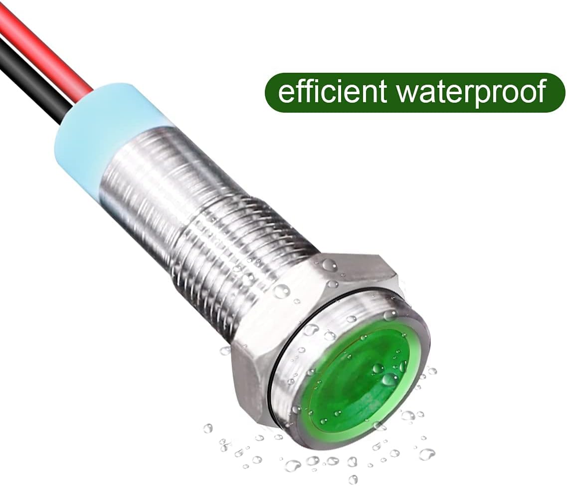 10pcs 6mm 1/4" AC/DC 12-24V LED Metal Indicator Light Pilot Dash Directional with Wire Waterproof Signal Lamp(Green)
