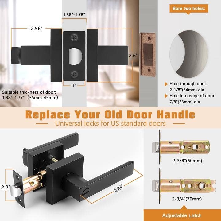 Probrico Interior Black Door Handle, Heavy Duty, Flat Square Privacy Door Handles, Keyless Door Levers Lockset for Bedroom and Bathroom (6 Pack, Modern)