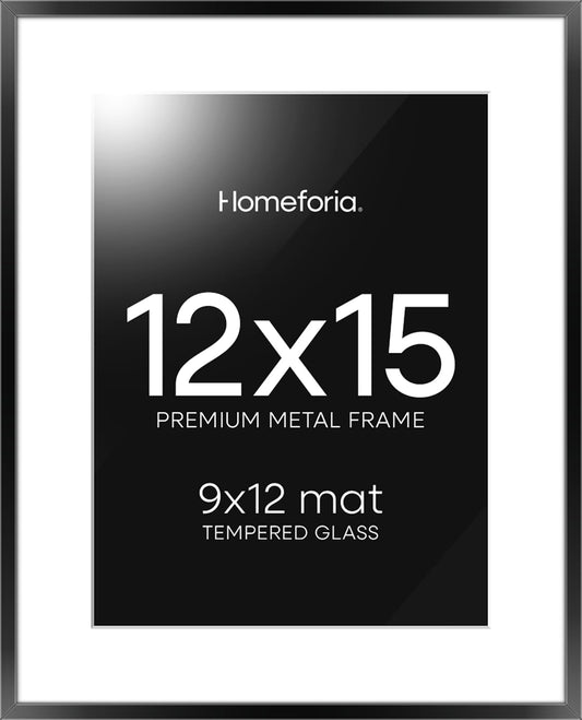 Homeforia 12x15 Picture Frame Black, High End Metal 12x15 Poster Frames with Mat 9x12 for Photo, 12 x 15 Black Frame Matted to 9 by 12 inch Print, 15x12 Thin Frames, Tempered Glass, Wall Kit, Set of 1