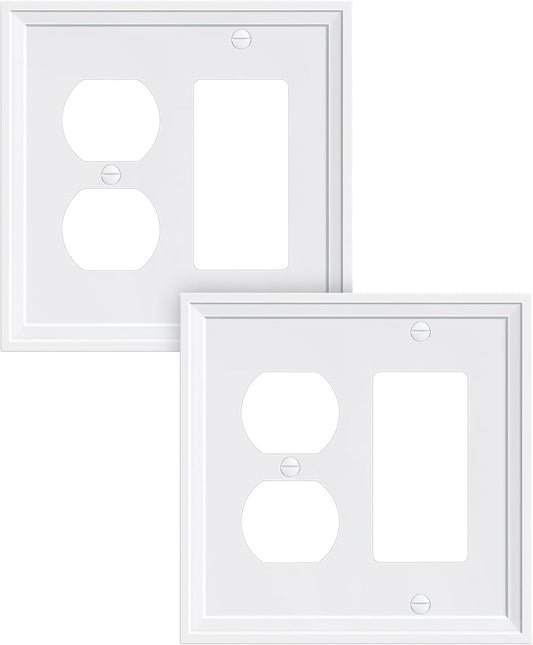 2-Pack Combo Duplex/Decorator Light Switch Cover Plate, Pure White Modern Decorative Electrical Outlet Covers, Bamboo Fiber Wall Switch Plates and Outlet Covers