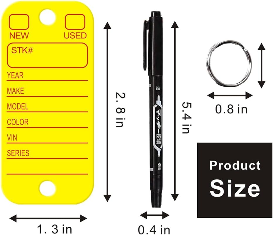 200 Pcs PVC Tags with Labels and Rings, Car Key Tags for Organization, Identifiers, and Luggage Tags with 2 Pcs Markers, Plastic Keychain Tags for Car, Truck, and Dealer Use (Yellow)