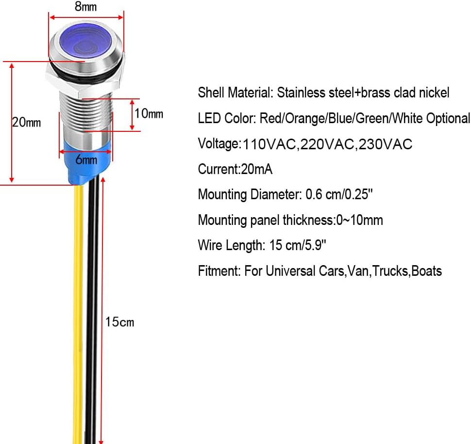 10Pcs 6mm 110V-220VAC LED Metal Indicator Light Waterproof Signal Lamp (Green/Orange/Red/Blue/White,Each 2pcs)
