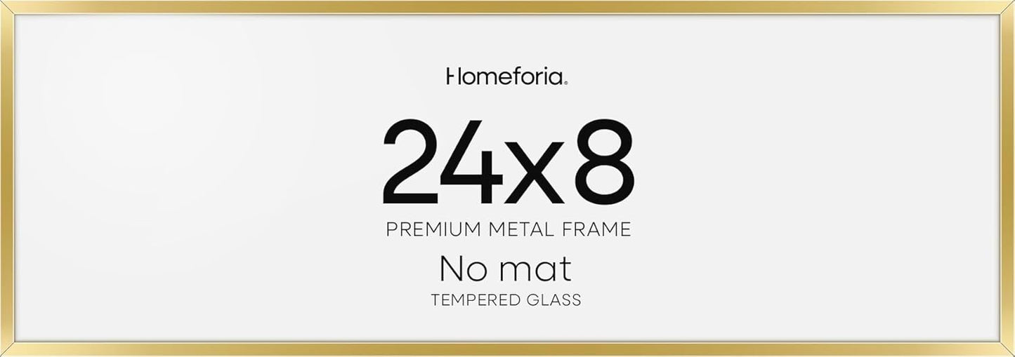 Homeforia 8x24 Panoramic Frame Gold, High End Metal 8 x 24 Picture Frames without Mat, 24x8 Hanging Gold Poster Frames for Wall, 8 by 24 inches Display Photo Frames, Tempered Glass, Wall Kit, Set of 1