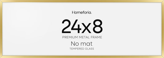 Homeforia 8x24 Panoramic Frame Gold, High End Metal 8 x 24 Picture Frames without Mat, 24x8 Hanging Gold Poster Frames for Wall, 8 by 24 inches Display Photo Frames, Tempered Glass, Wall Kit, Set of 1