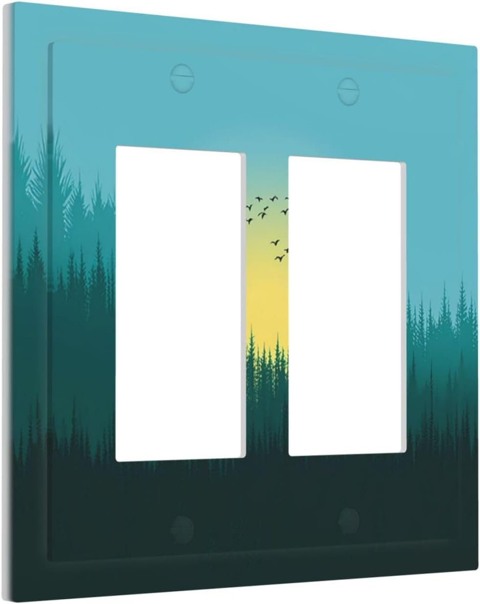 Green Forests And Birds Sun Woodland Decorative Outlet Covers 2 Gang Double GFCI Rocker Light Switch Cover Plate Electrical Wall Panels for Bedroom Bathroom Decor