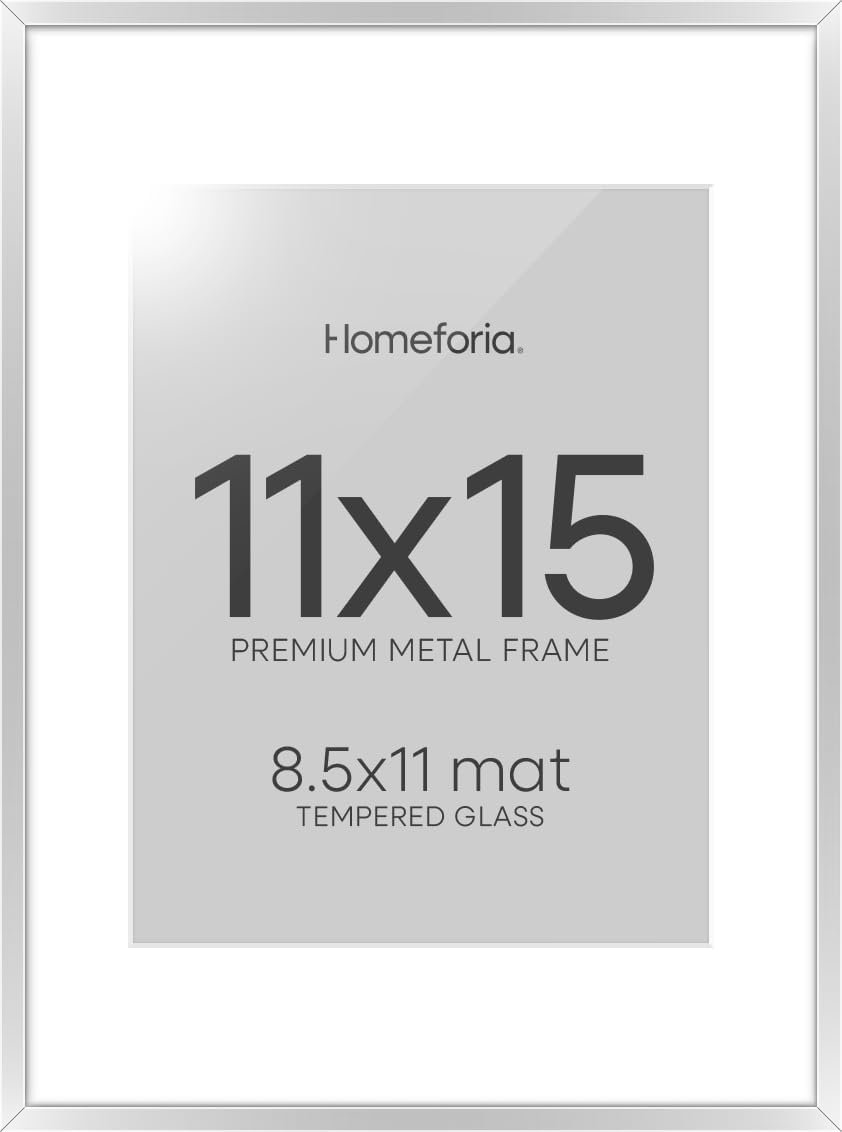Homeforia 11x15 Picture Frame Silver, High End Metal 11x15 Frames with Mat 8.5x11, 11 x 15 Silver Poster Frames Matted to 8.5 x 11 inch Photo, 11by15 Hanging Frames, Tempered Glass, Wall Kit, Set of 1