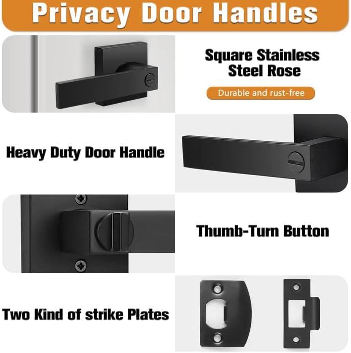 Probrico Interior Black Door Handle, Heavy Duty, Flat Square Privacy Door Handles, Keyless Door Levers Lockset for Bedroom and Bathroom (1 Pack, Modern)