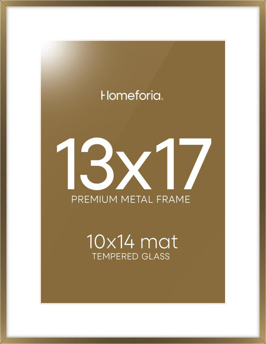 Homeforia 13x17 Picture Frame Bronze, High End Metal 13x17 Brass Poster Frames with Mat 10x14 Photo, 13 x 17 Frame Matted to 10 by 14 inch Print, 17by13 Thin Frames, Tempered Glass, Wall Kit, Set of 1