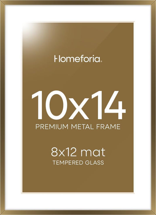 Homeforia 10x14 Bronze Picture Frame, High End Metal 10x14 Brass Frame with Mat 8x12, 10 x 14 Poster Frames Matted to 8 x 12 inch Photo, 10 by 14 Bronze Thin Frames, Tempered Glass, Wall Kit, Set of 1