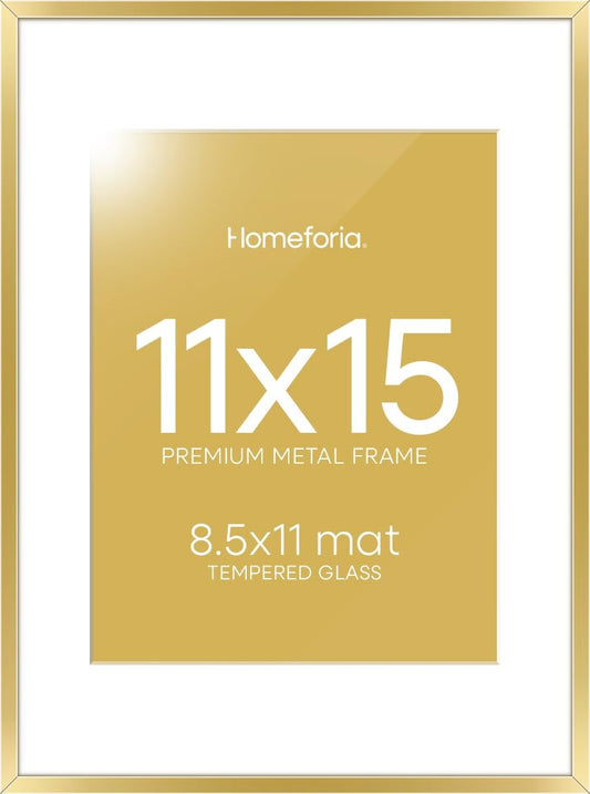 Homeforia 11x15 Picture Frame Gold, High End Metal 11x15 Poster Frames with Mat for 8.5x11, 11 x 15 Gold Frames Matted to 8.5 x 11 inch Photo, 11by15 Hanging Frames, Tempered Glass, Wall Kit, Set of 1