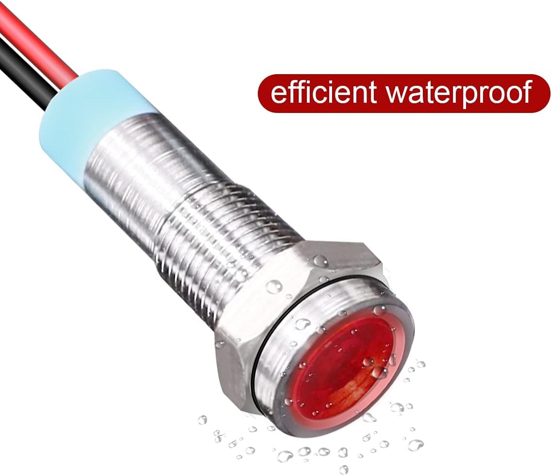10pcs 6mm 1/4" LED Metal Indicator Light AC/DC 12-24V Waterproof Signal Lamp Pilot Dash Directional with Wire(Red)