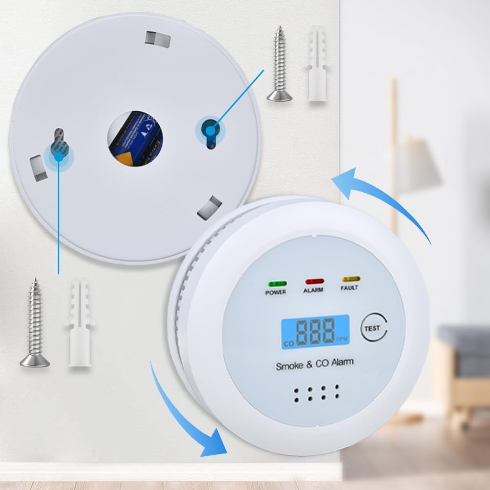 2 in1 Smoke Detector Carbon Monoxide Detector Combo,with LCD Digital Display and Sound Warning Test Button，Battery Powered，Easy Installation, for Home, Bedroom, Kitchen (3PACKS)
