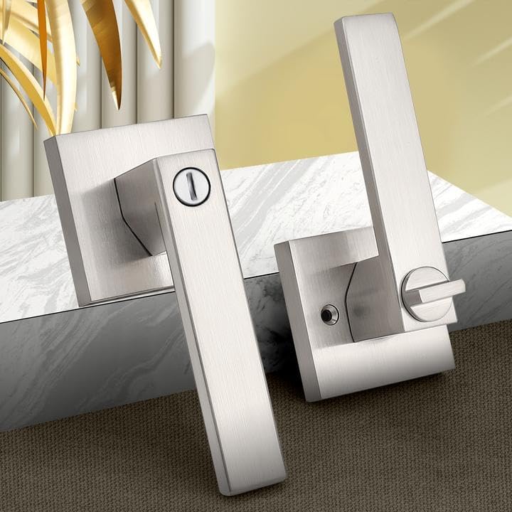 Probrico Interior Brushed Nickel Door Handle, Heavy Duty, Flat Square Privacy Door Handles, Keyless Door Levers Lockset for Bedroom and Bathroom (2 Pack, Modern)