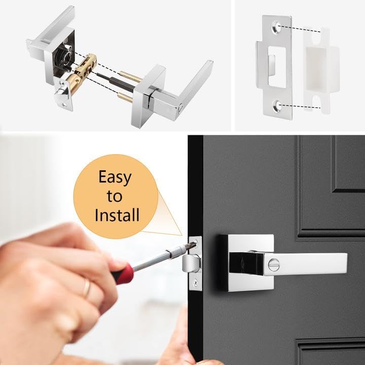 Probrico 2 Pack Privacy Lever Door Handles Square Locking Leverset [for Bedroom or Bathroom] Reversible for Right & Left Sided Doors Heavy Duty - Polished Chrome