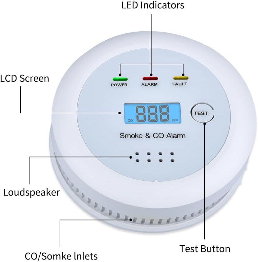 2 in1 Smoke Detector Carbon Monoxide Detector Combo,with LCD Digital Display and Sound Warning Test Button，Battery Powered，Easy Installation, for Home, Bedroom, Kitchen (1PACK)