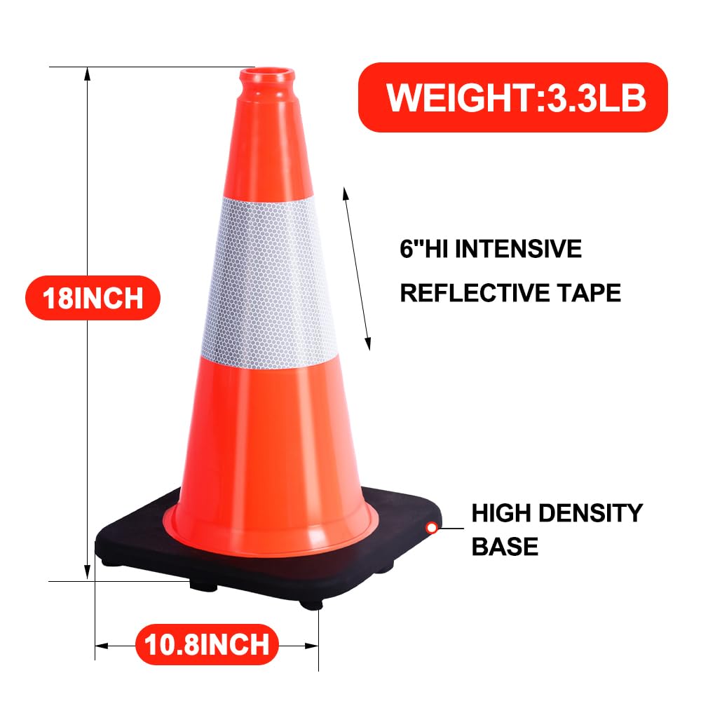 (5 Cones) BESEA 18" inch Orange PVC Cones Traffic Safety Cones Black Base Construction Road Parking Cone with 6" Reflective Collar