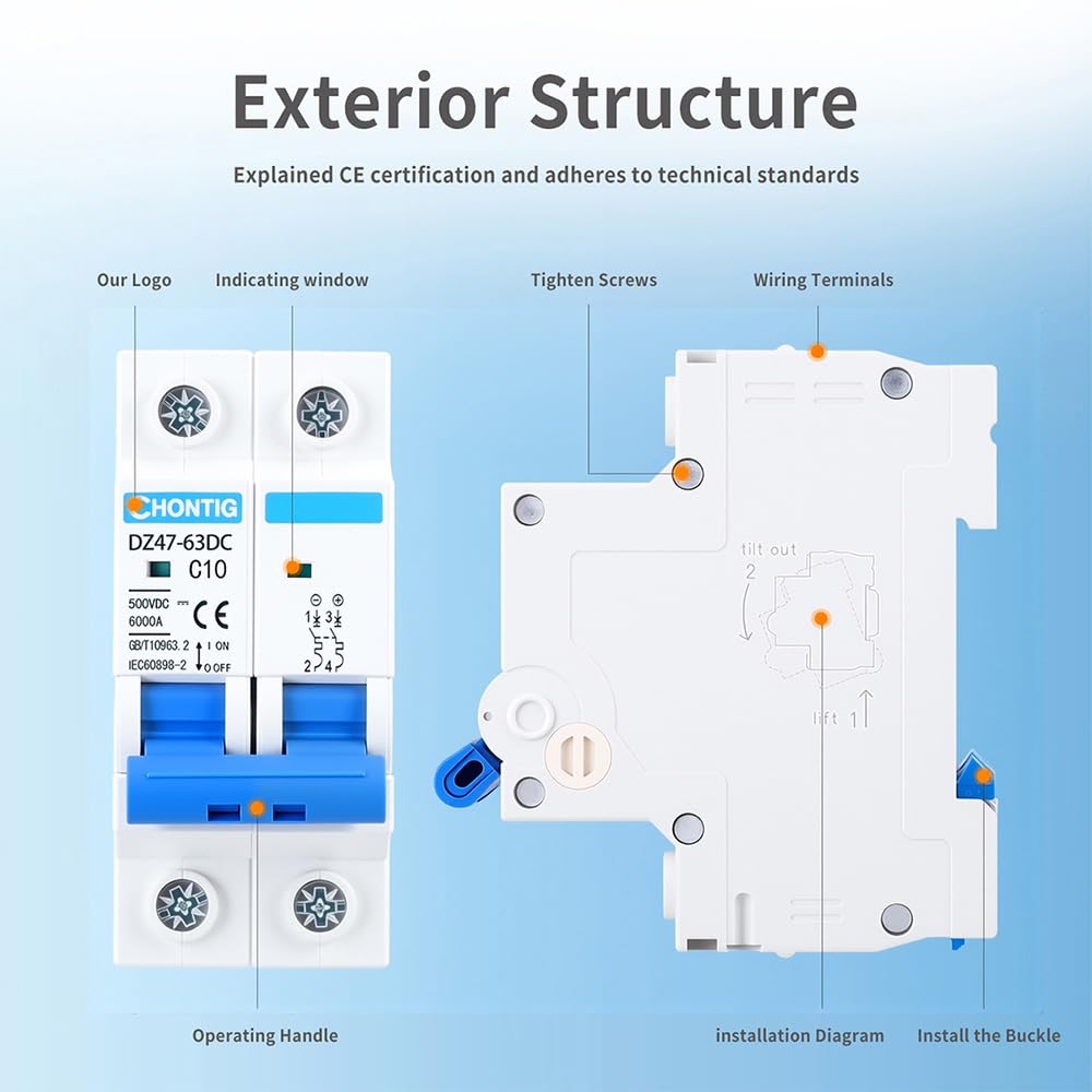 10 Amp Miniature DC Circuit Breaker 500V 2 Pole, Solar PV Disconnect Switch with Thermal Magnetic Trip, DIN Rail Mount Isolator C10