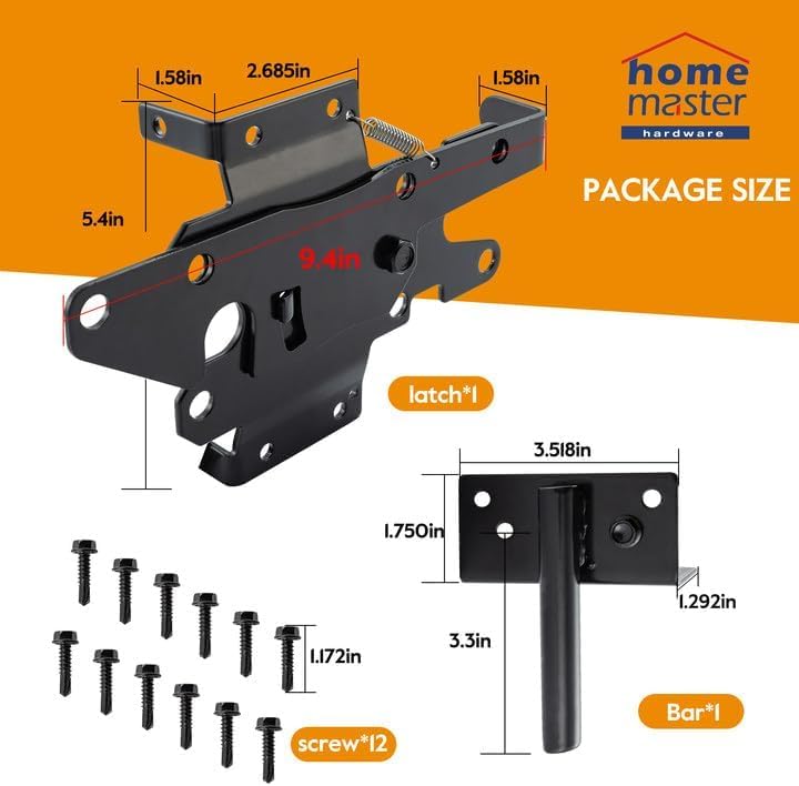 HOME MASTER HARDWARE Heavy Duty Self-Locking Gate Latch for Wooden Fence, Post Mount Automatic Gate Lock, Fence Gate Latch for Pool/Outdoor Garden/Vinyl, Black Finish