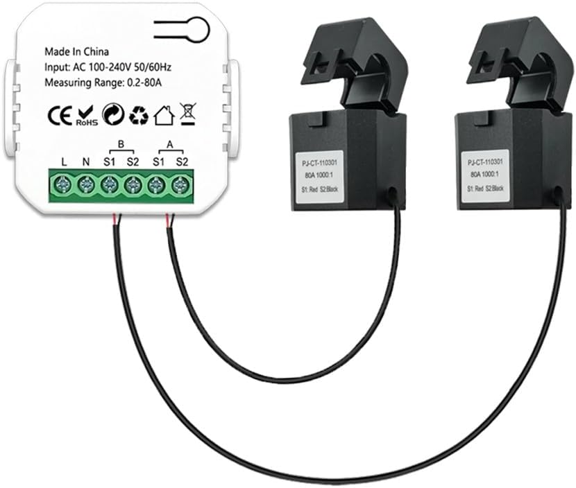 2 Channel Smart Energy Monitor with Tuya WiFi – Solar PV Power Meter, Bidirectional Electricity Usage Tracker, Real-Time Consumption & Production Monitoring, CT Sensors, Mobile App Control
