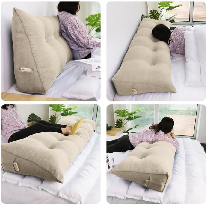 WOWMAX 85% Linen 15% Cotton Blend Headboard Pillow – King Size Reading Wedge Backrest for Bed, Handmade Firm Support Bolster Cushion with Removable Cover, Premium Bed Rest Pillow, Natural Color