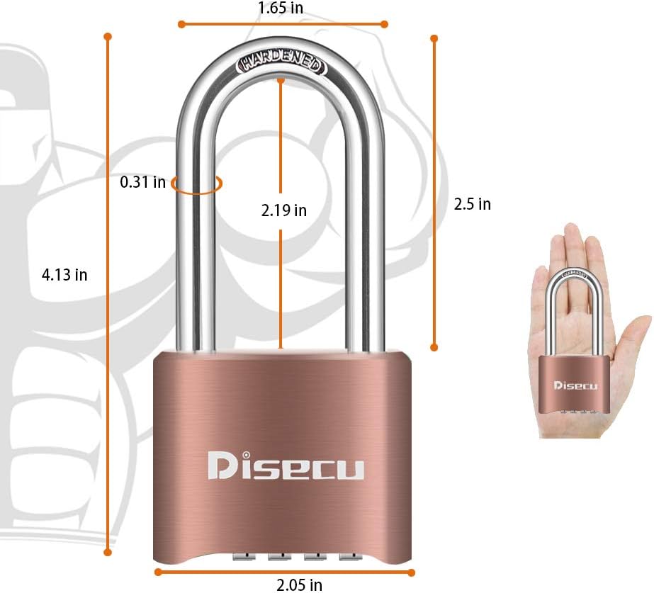 1 Pack disecu Heavy Duty 4 Digit Combination Lock, 2.5 Inch Long Shackle Outdoor Waterproof Padlock for School Gym Locker, Storage Unit, Fence, Gate, Toolbox (Brass)