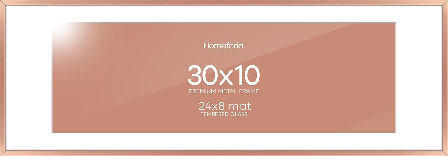 Homeforia 10x30 Rose Gold Picture Frame, High End Metal 10by30 Poster Frames with Mat 8x24 Photo, 10 x 30 Rose Frames Matted to 8 x 24 Print, 30x10 Panoramic Frames, Tempered Glass, Wall Kit, Set of 1