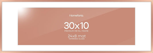 Homeforia 10x30 Rose Gold Picture Frame, High End Metal 10by30 Poster Frames with Mat 8x24 Photo, 10 x 30 Rose Frames Matted to 8 x 24 Print, 30x10 Panoramic Frames, Tempered Glass, Wall Kit, Set of 1