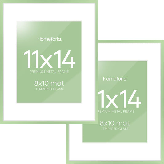 Homeforia 11x14 Picture Frame Sage Green, High End Metal 11x14 Wall Hanging Frame with Mat 8x10, 11 x 14 Poster Frame Matted to 8 x 10 inch Photo, 14x11 Thin Frames, Tempered Glass, Wall Kit, Set of 2